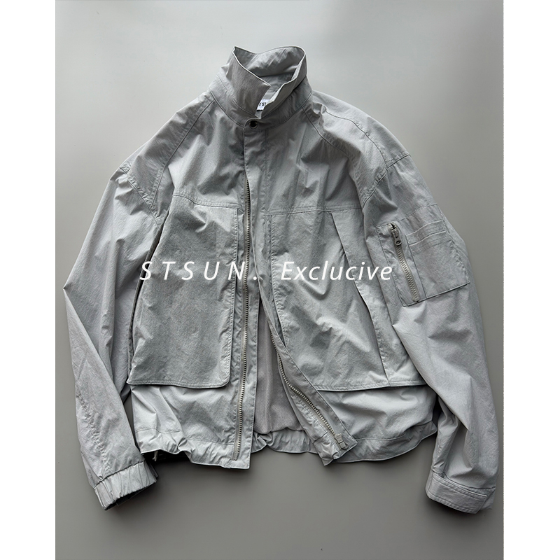 【Sts】Urban Jacket Salt-Washed Micro-Wrinkle Lightweight Sports Multi-Pocket Short Wide Stand Collar Work Jacket for Men