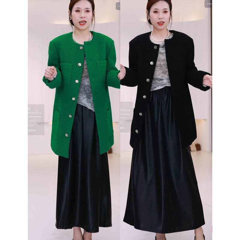[Wool Tweed Coat] Thick Mid-Length Chanel-Style Coat with Thin Cotton Lining Ah4992