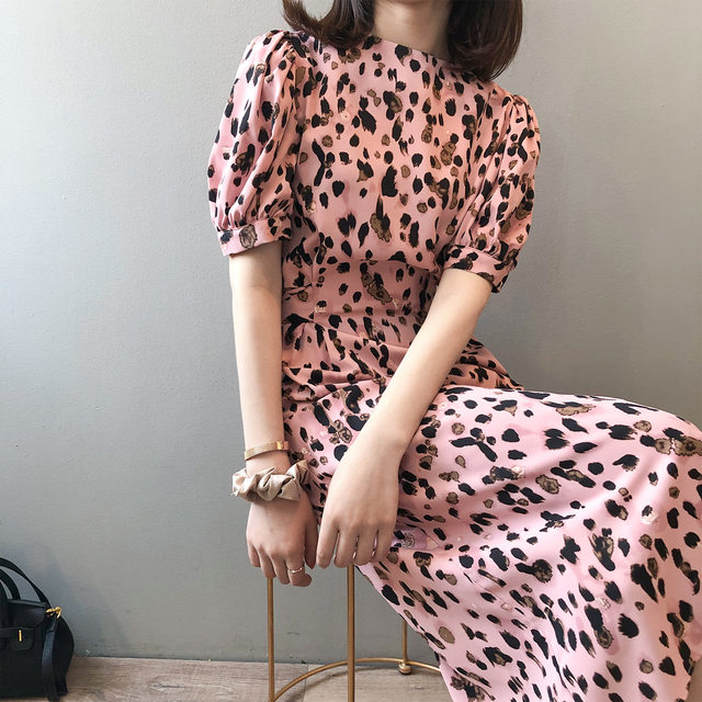 Tea break French dress women's summer slim waist pink leopard skirt chiffon floral dress high-end sense royal sister