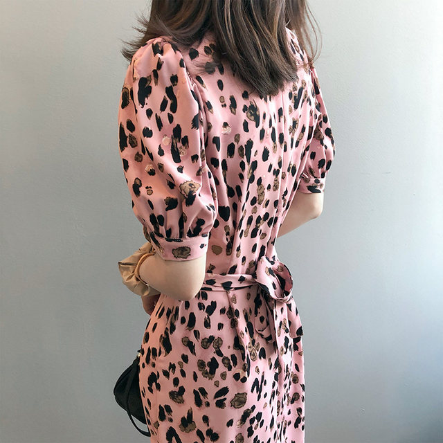 Tea break French dress women's summer slim waist pink leopard skirt chiffon floral dress high-end sense royal sister