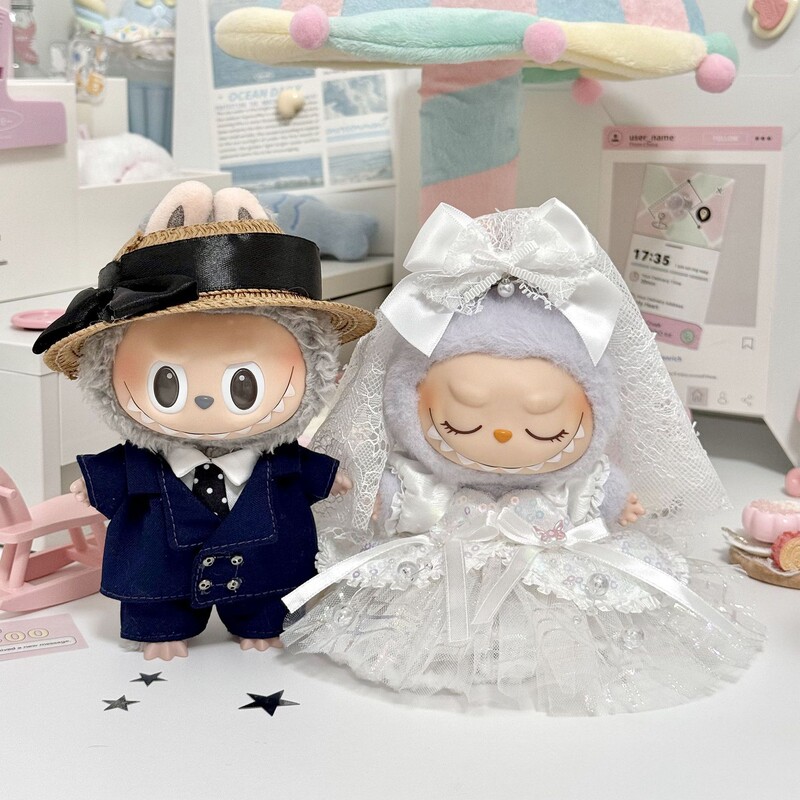 17cm Labubu Doll Clothes Labubu Suit Pure White Wedding Dress Valentine's Day Ball Gown Set Dress-Up Outfit