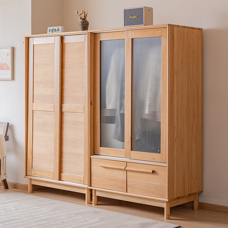 Solid Wood Sliding Door Japanese-Style Children's Cypress Wardrobe with Long Rainbow Glass Sliding Doors for Home Bedroom Storage Cypress Furniture