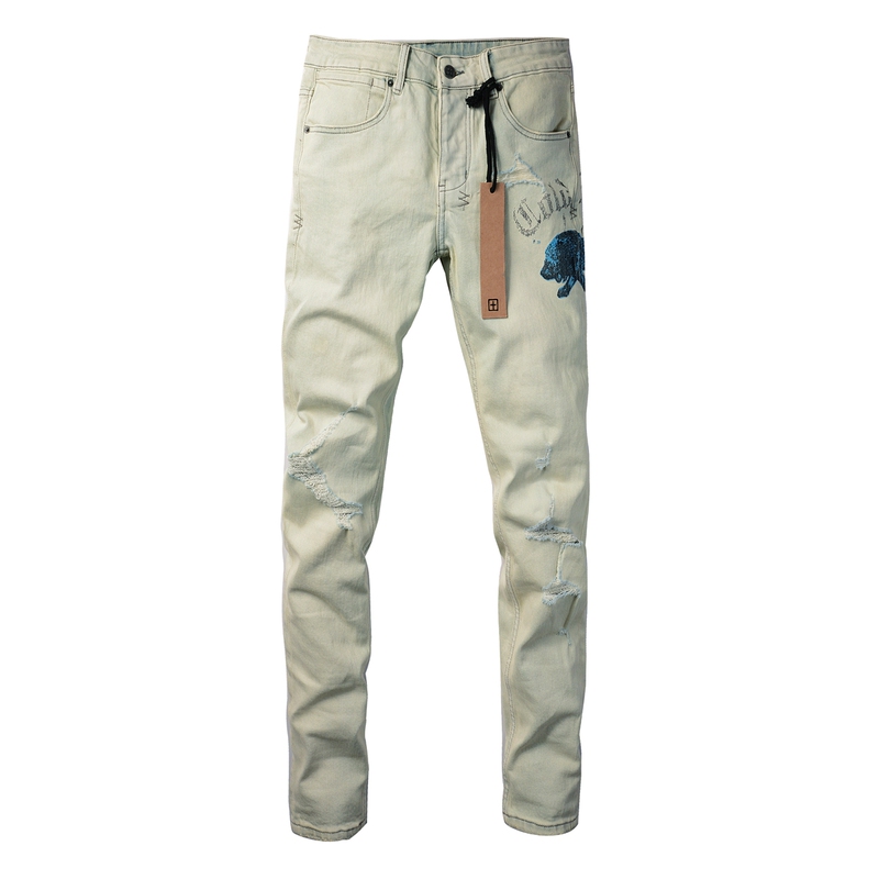 Ksubi Jeans American Trendy Brand New Light-Colored Unique Washed Creative Lion Print Stretch Jeans for Men