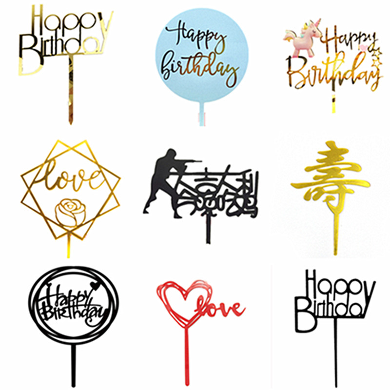 New party cake decoration acrylic plug card square round happy birthday love dessert table plug flag spot