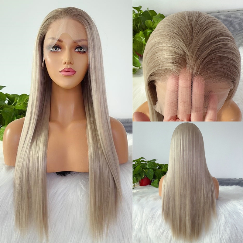 High-End Brown Gold Gradient Wig, Long Straight Synthetic Fiber Lace 13X4 Hand-Crocheted Universal Cosplay Wig, Full Head Wig for Women