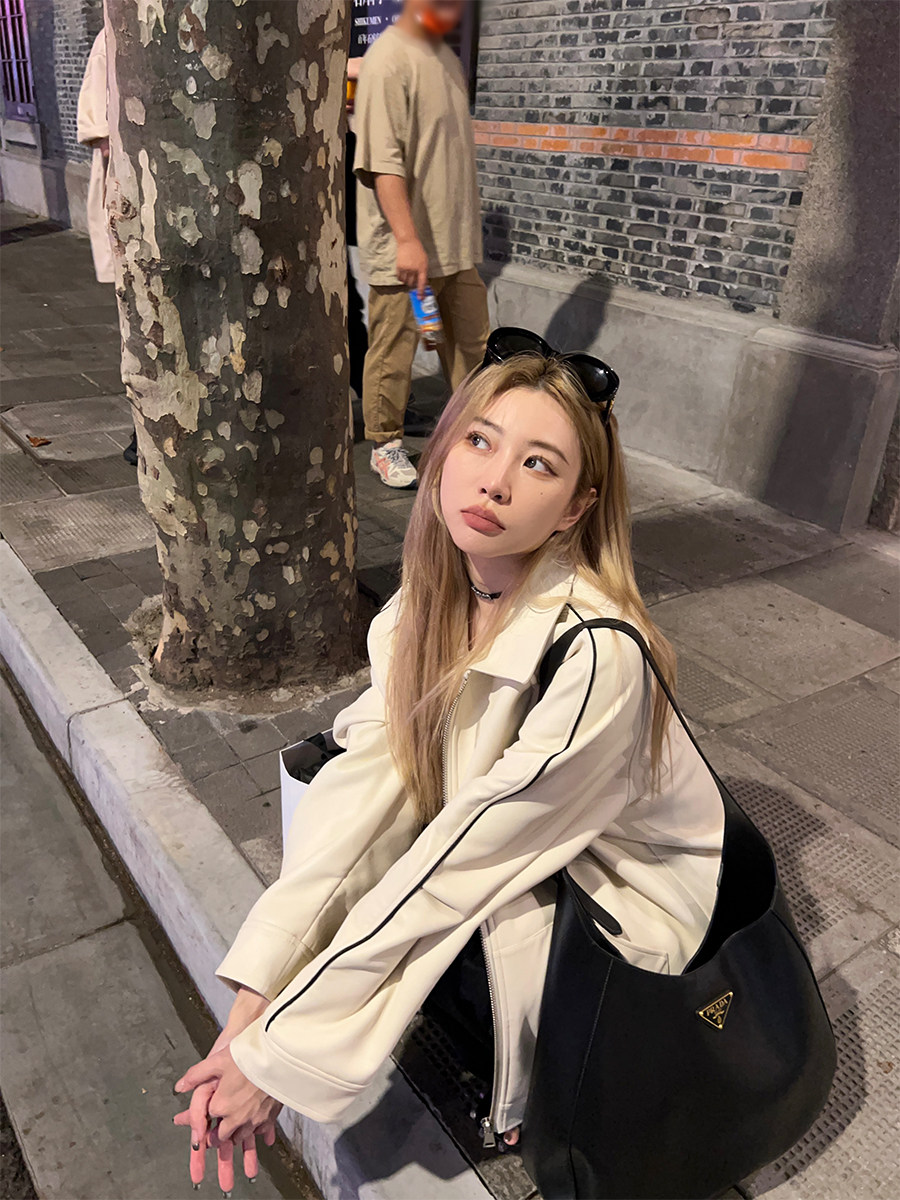 skibyTannin loose plus velvet thick leather jacket women's autumn and winter retro functional leather jacket bf baseball uniform