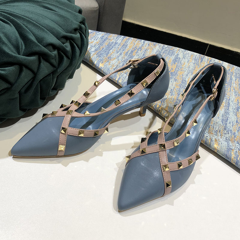 White rivet pointed high heels 5cm European soft leather women's shoes sexy shallow mouth single shoes Baotou stiletto sandals