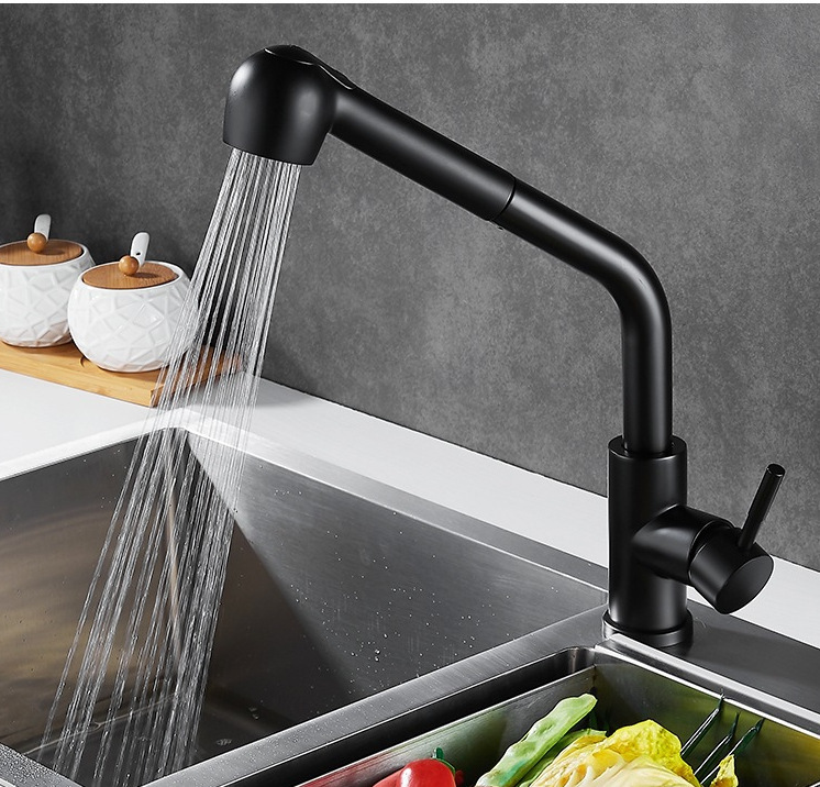 Black Quartz Stone Pull-Out Faucet for Kitchen, Hot and Cold Water, for Washing Dishes, Bowls, Laundry Sink, Universal Sink Faucet