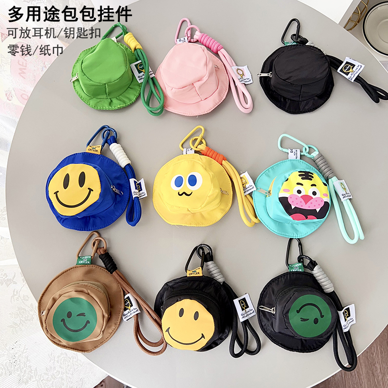 Trendy Fisherman Hat Earphone Bag Short Style Hand-Held Lanyard Anti-Lost Mini Coin Purse Wrist Strap Unisex Backpack Accessory Universal iPhone Phone Case Huawei Honor Apple Oppo Xiaomi Vivo