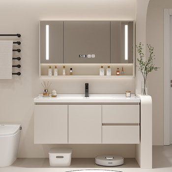 Cream-Colored Ceramic Integrated Basin Bathroom Cabinet Set with Solid Wood Washbasin and Sink
