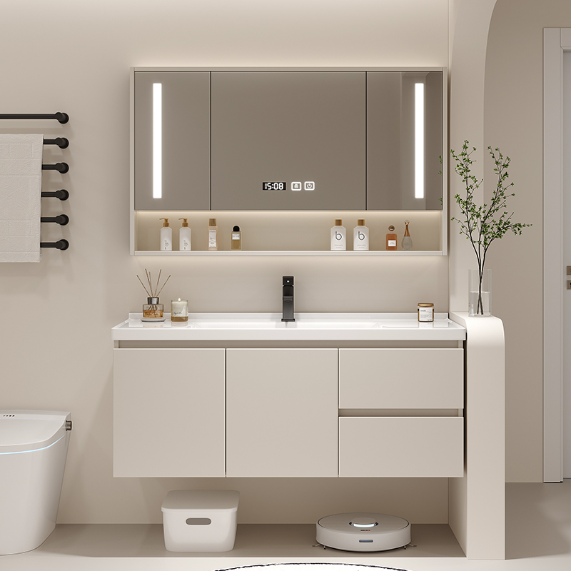 Cream-Colored Ceramic Integrated Basin Bathroom Cabinet Set with Solid Wood Washbasin Sink Vanity