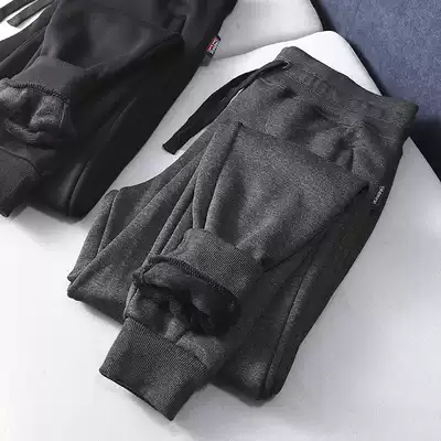 A pair of winter foreign trade tail goods men's non-inverted velvet warm slim-fit plus velvet thickened sweatpants men's tie-foot casual pants