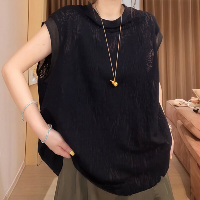 Plus Size Women's Black High-End Lace Hollow Mesh Top 2026 Summer Loose Slimming Short-Sleeved T-Shirt for Fat Girls