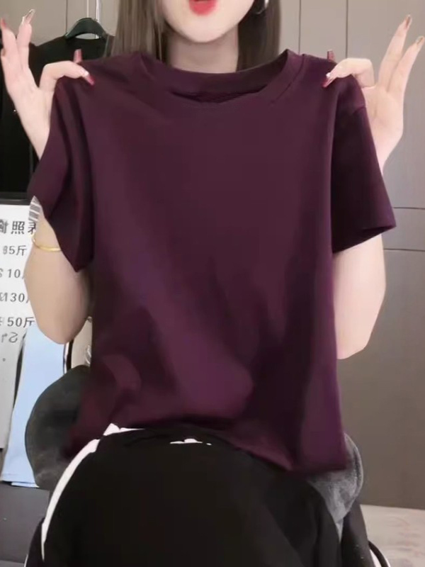 大码高级感复古港风紫色上衣女2025新款夏季胖MM圆领纯棉短袖t恤