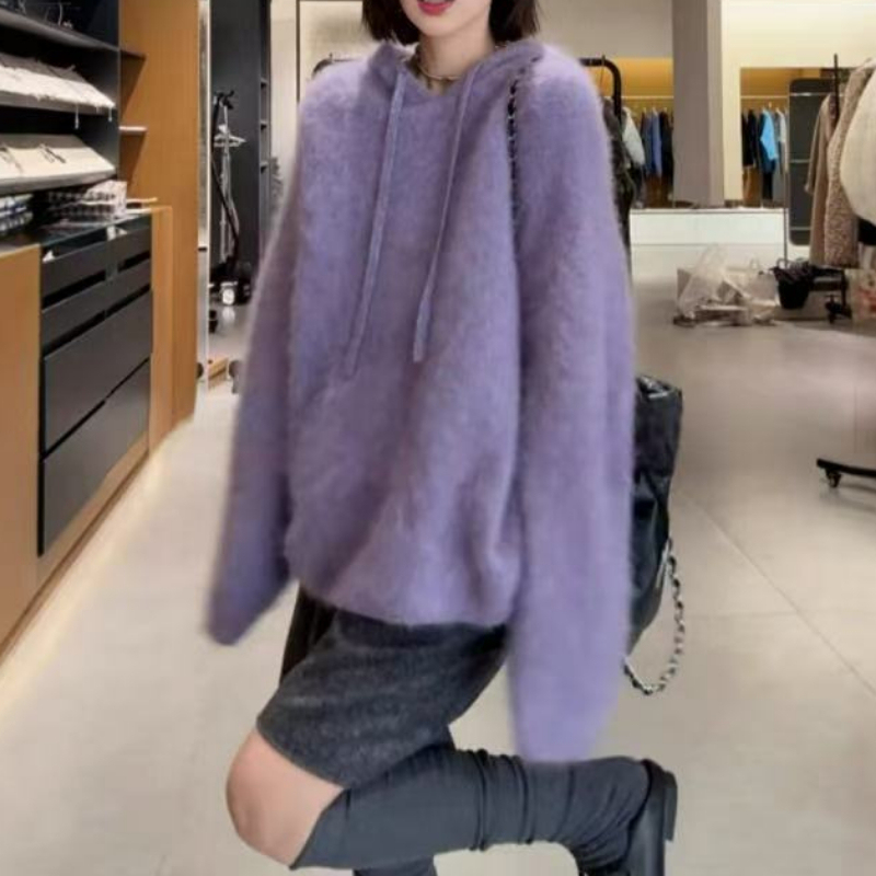 Plus-Size Lazy Style Purple Hooded Sweater Knitwear for Women, Thickened for Spring, Inner Layer Base Shirt, Plush Top