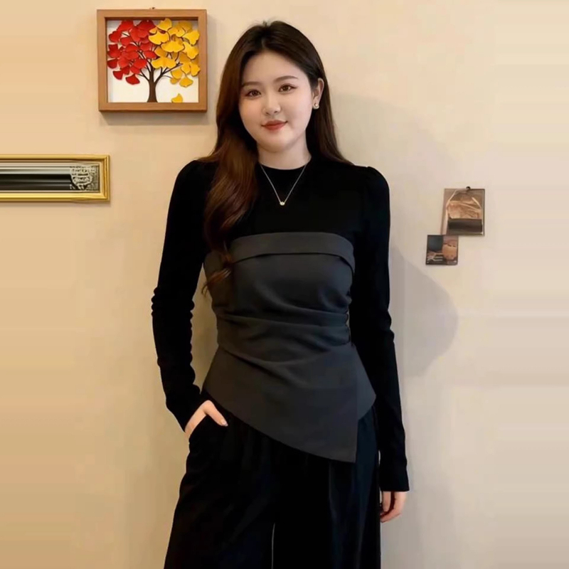 Plus-Size Asymmetrical Patchwork Faux Two-Piece Long-Sleeve T-Shirt for Women, 2026 Autumn, Slimming and Flattering Base Shirt Top for Curvy Women
