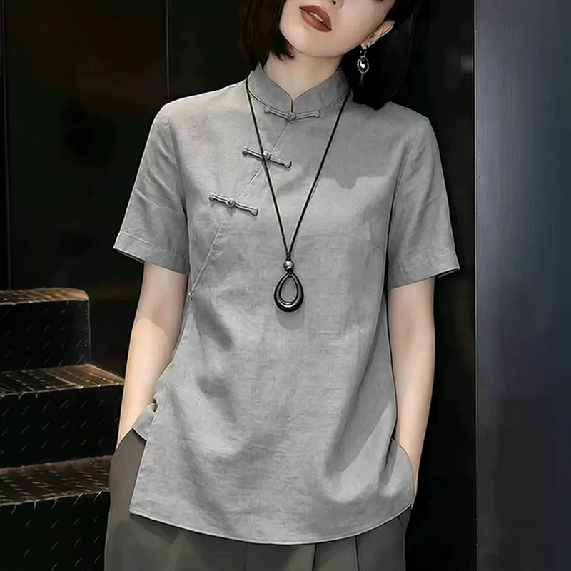 New Chinese-Style Retro Gray Short-Sleeved Shirt for Women 2026 Summer New Large Size Plus-Size National Style Button-Up Stand Collar Top New Chinese-Style Retro Gray Short-Sleeved Shirt for Women 2026 Summer New Large Size Plus-Size National Style Button-Up Stand Collar Top