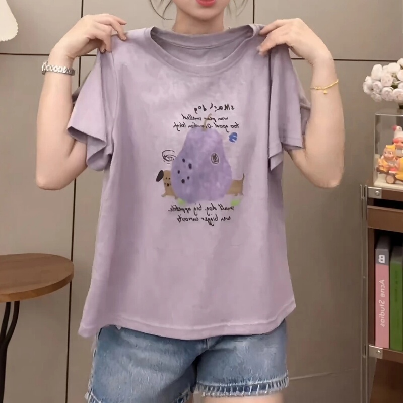 Korean-Style Cartoon Print Purple Round-Neck Short-Sleeve T-Shirt for Women, Plus Size, Summer, Super Popular, Loose Fit, Covers Body Fat Korean-Style Cartoon Print Purple Round-Neck Short-Sleeve T-Shirt for Women, Plus Size, Summer, Super Popular, Loose Fit, Covers Body Fat