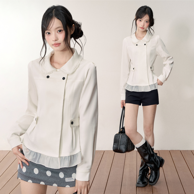 Lennea Korean-Style Niche Design Waist-Cinching Shirt for Women, Long-Sleeved Lace Patchwork Slimming Commuter Top Jacket Lennea Korean-Style Niche Design Waist-Cinching Shirt for Women, Long-Sleeved Lace Patchwork Slimming Commuter Top Jacket