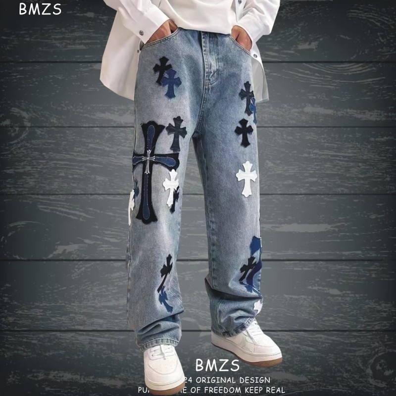 Miami Spring New Cross-Embroidered Jeans Patchwork Trendy Loose Straight-Leg Pants Unisex