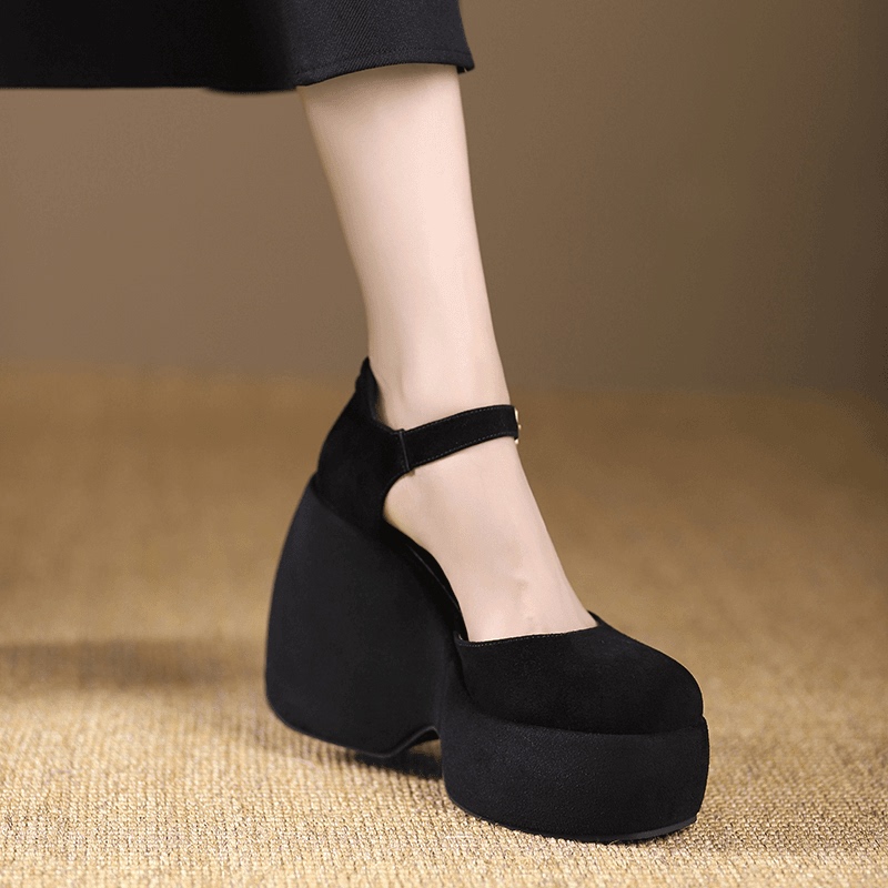 Genuine Leather Handmade Women's Shoes 12cm New Model 2025 Elegant Women's Sandals Round Toe Wedge High Heel Sheepskin Black Women's Genuine Leather Handmade Women's Shoes 12cm New Model 2025 Elegant Women's Sandals Round Toe Wedge High Heel Sheepskin Black Women's