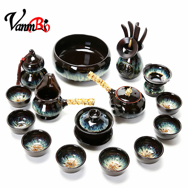 High-end set of kung fu tea set set home simple gilt silver sky glaze tea cup ceramic teapot making tea
