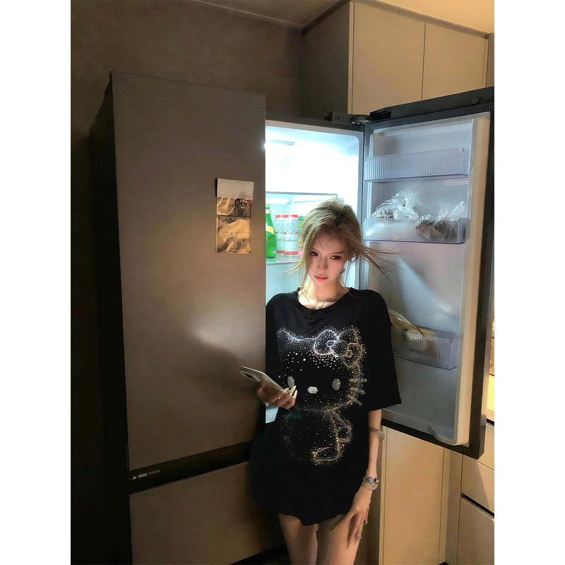 Sweet Shrimp Pie Star Diamond Meow Shadow Loose Velvet T-Shirt Gradient Rhinestone Hello Kitty Sweet Cool Mid-Length Top