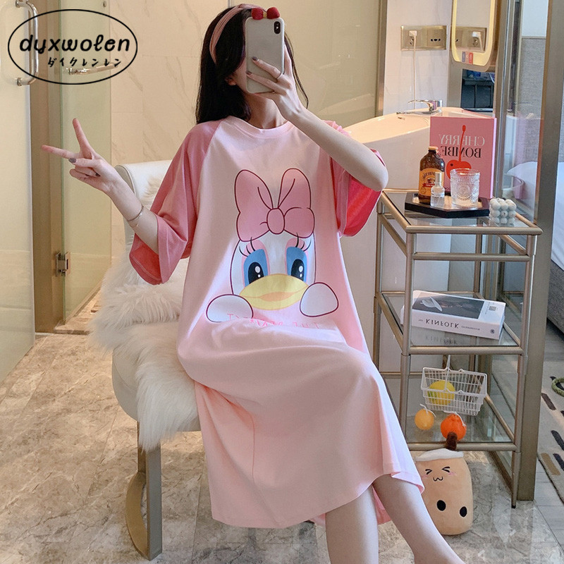 Japanese Summer Pure Cotton Short Sleeve Sleeping Dress Woman 2022 New Cute Long Paragraph Loose Pregnant Woman Fat Mm Big Code Pyjamas-Taobao