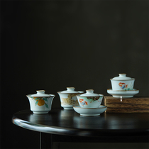 Zhenshantang pure handmade Ru kiln open piece cover bowl single small three only cover bowl tea bowl hand-painted Lanshou fish gift box