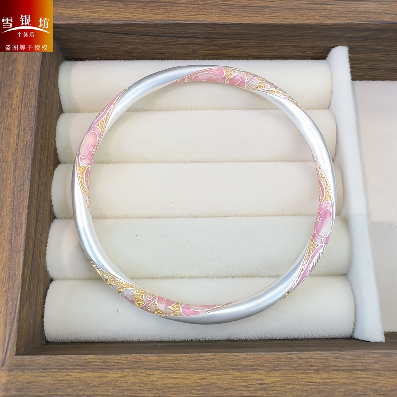 Drunk in the Spring Breeze 9999 Pure Silver National Style New Chinese Enamel Bracelet for Women with Gold Inlay Closed Silver Bangle Qixi Festival Gift