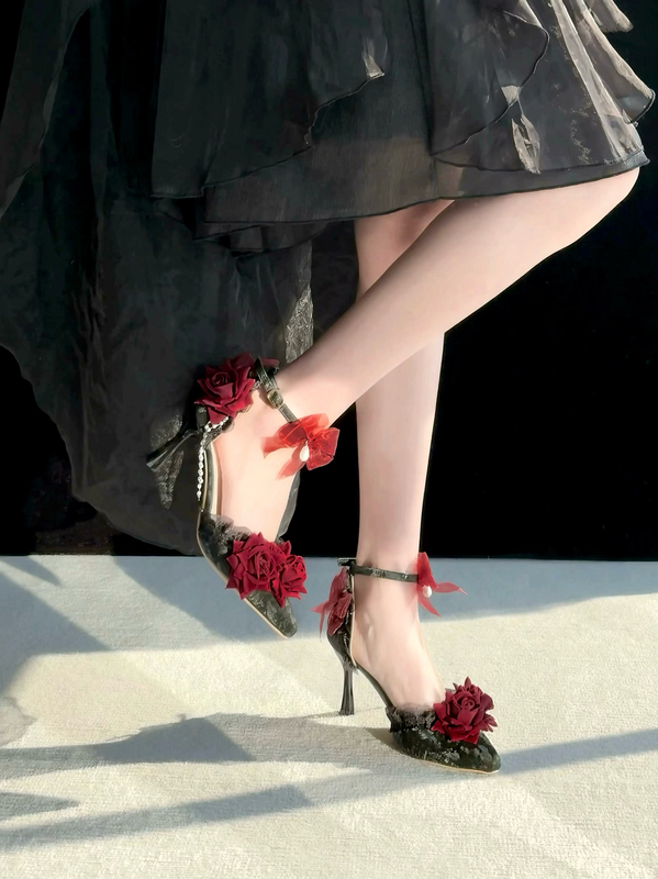 Handmade Lolita Shoes, Black Lolita High Heels, Gothic Dark Lolita Shoes, Single Strap Shoes