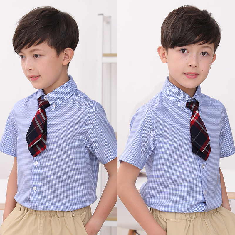 Primary and middle school students school uniform houndstooth short-sleeved shirt girls boys cotton short-sleeved shirt British style costumes