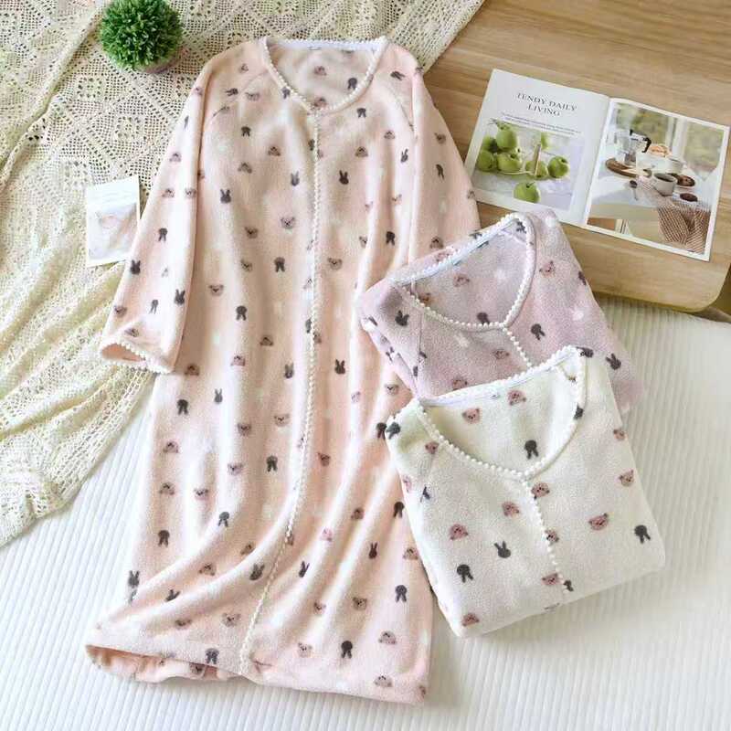 Coral Velvet Pajamas, Warm Long-Sleeved Nightgown, Women's Autumn and Winter Dress, Nightgown, Bathrobe, Fleece-Lined Flannel Home Clothes