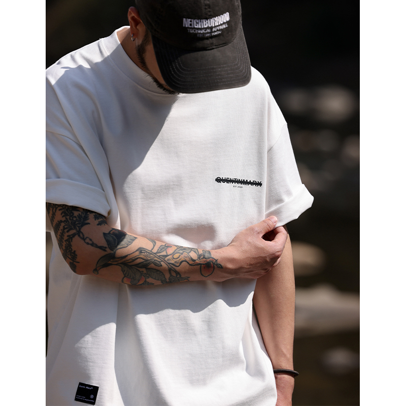 Quentin Marx Japanese Style Men's Heavyweight Short-Sleeve T-Shirt Casual Loose Couple Pure Cotton Trendy Brand T-Shirt Large Size Summer