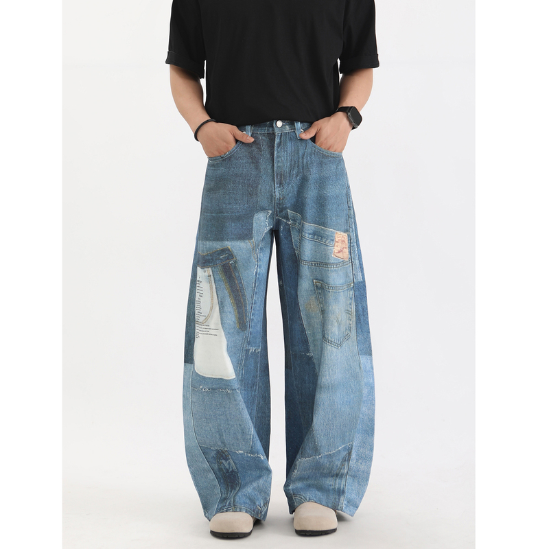 American Retro Creative Design Printed Wide-Leg Scimitar Jeans for Men and Women, Loose Fit with Color-Blocking Patchwork Casual Pants