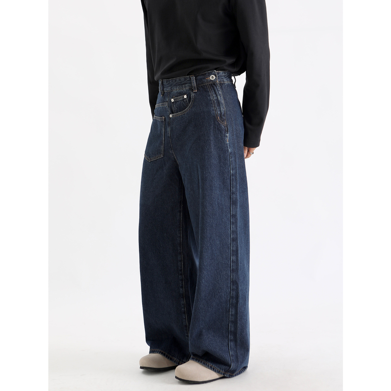 American Retro Dark Blue Wide-Leg Jeans for Men and Women, Loose Straight-Leg Drapey Niche Design Side-Wear Pants