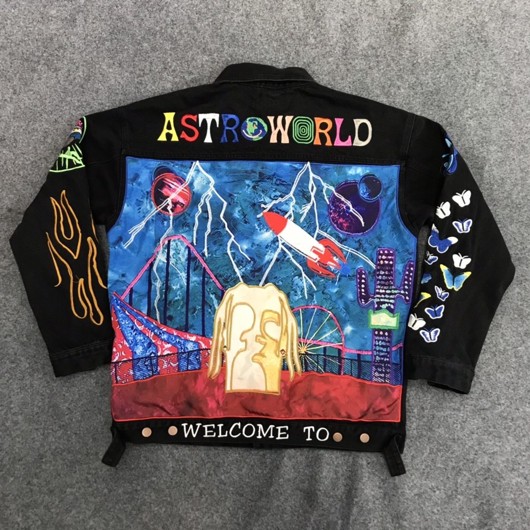 Travis Scott Astroworld Jacket washed high street tide brand heavy industry embroidered denim jacket