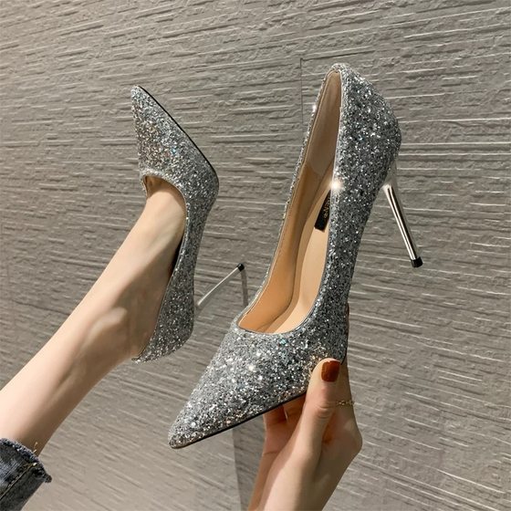 Shoes 2021 New Women's Spring and Summer Versatile Sequined Xiuhe Clothes Chinese Wedding Shoes Bridal Shoes High Heels Women's Stiletto Heels