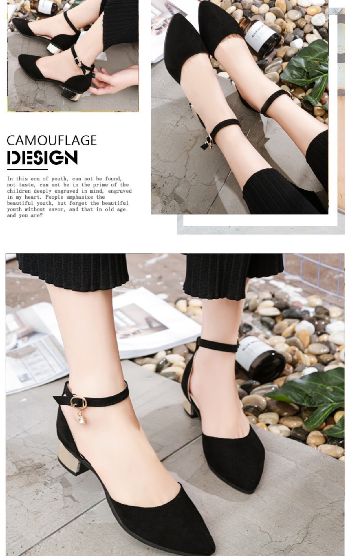Xuân 2019 mới dày với khóa từ gót thấp với một đôi giày nữ với một đôi sandal cao gót nhọn 3cm dép sandal nữ