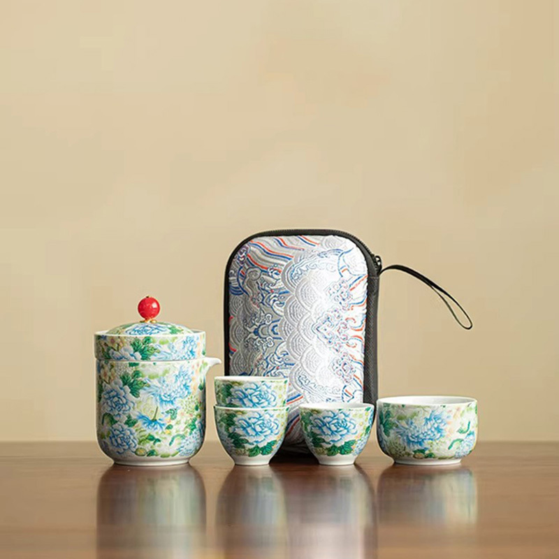 Enamel-Painted Floral Peony Design, One Pot and Three Cups, Household Ceramic Anti-Scalding Tea Set, Kung Fu Tea Set Enamel-Painted Floral Peony Design, One Pot and Three Cups, Household Ceramic Anti-Scalding Tea Set, Kung Fu Tea Set