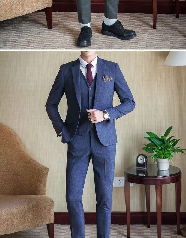 Bộ đồ mùa thu mới phù hợp với nam thanh niên ba mảnh Slim Hàn Quốc bộ đồ giản dị Anh gió retro nóng bỏng bộ vest nam trẻ trung