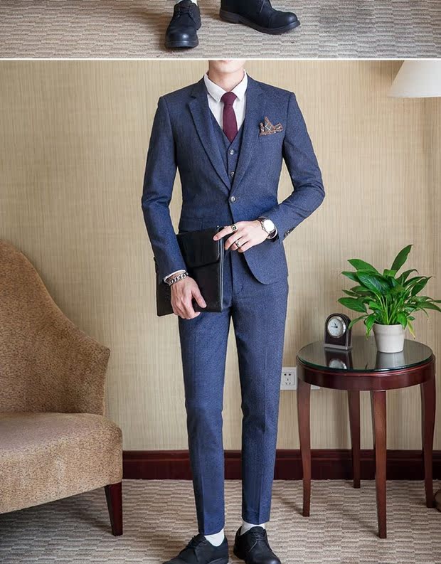 Bộ đồ mùa thu mới phù hợp với nam thanh niên ba mảnh Slim Hàn Quốc bộ đồ giản dị Anh gió retro nóng bỏng bộ vest nam trẻ trung