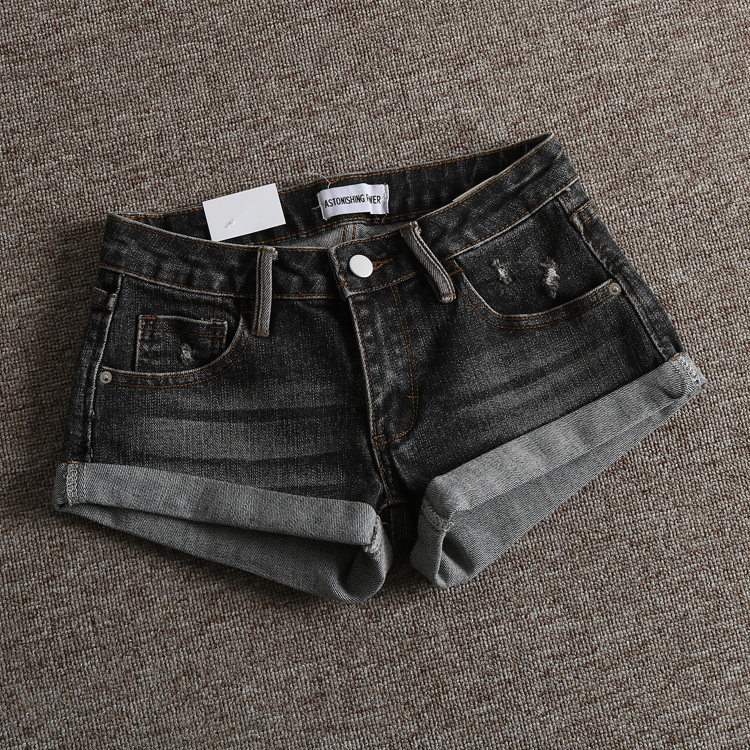 American-Style Street Vintage Distressed Slim-Fit Low-Waist Rolled Hem Butt-Lifting Denim Ultra-Short Shorts for Women, Summer Straight-Leg Hot Pants