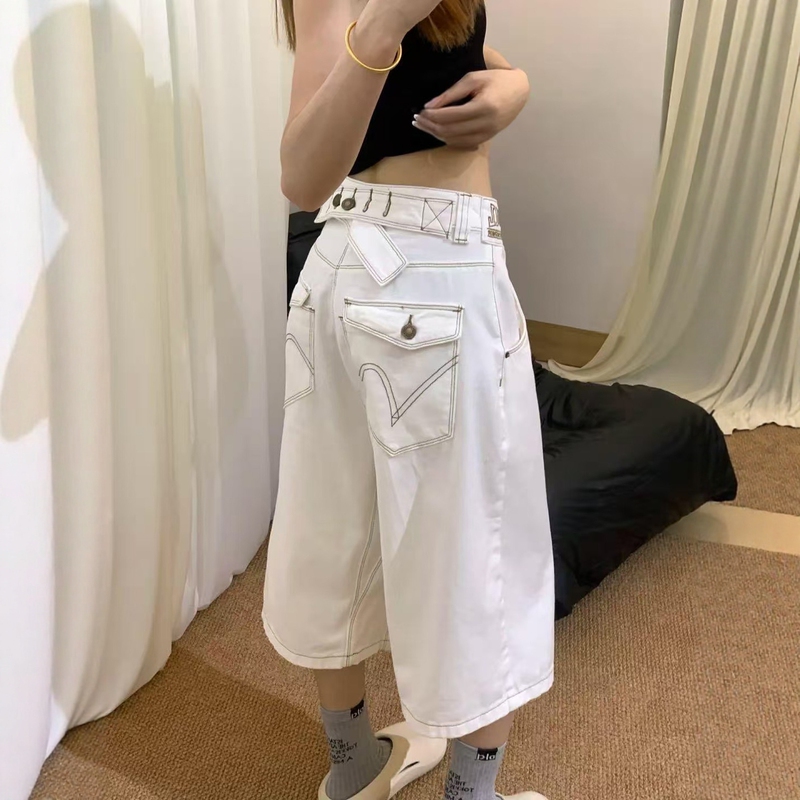 American-Style Design White Wide-Leg Cropped Pants for Women, Summer Plus Size, High-Waisted, Loose, Slimming Denim Mid-Length Pants
