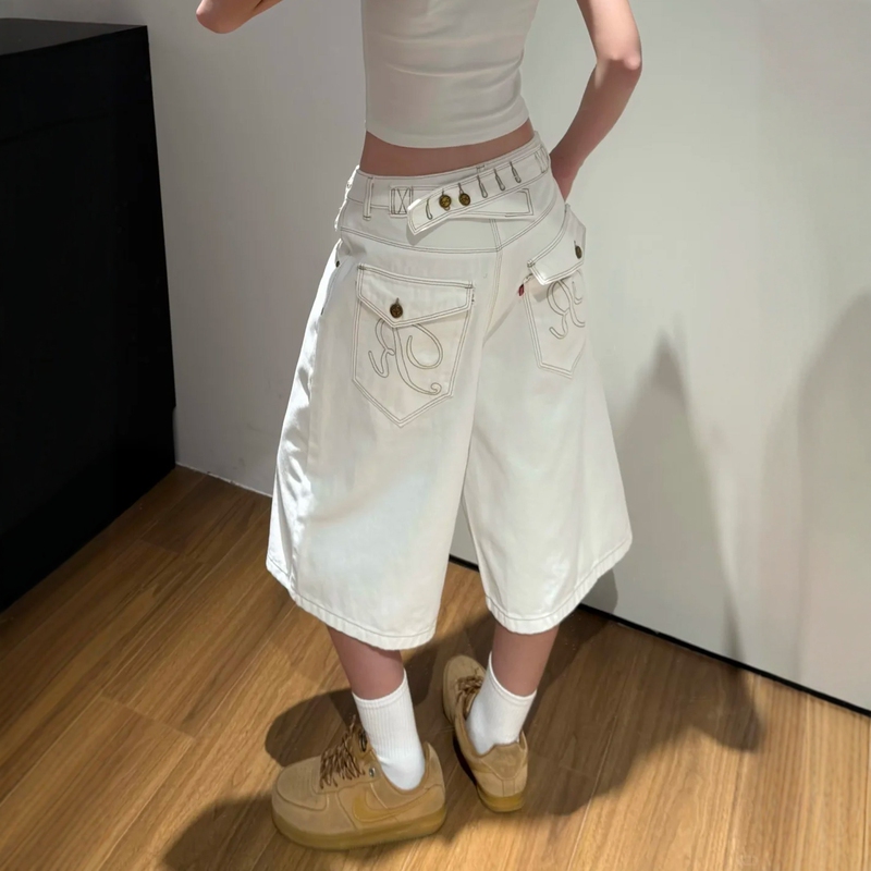 American-Style Design White Cropped Jeans for Women, New Summer Style, Plus Size, High-Waisted, Loose Fit, Slimming Wide-Leg Pants American-Style Design White Cropped Jeans for Women, New Summer Style, Plus Size, High-Waisted, Loose Fit, Slimming Wide-Leg Pants