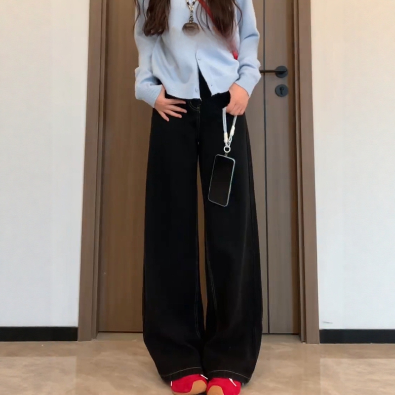 Black Straight-Leg Jeans for Women, 2026 Spring New Style, Plus Size, High-Waisted, Loose, Slimming, Wide-Leg, Floor-Length Pants