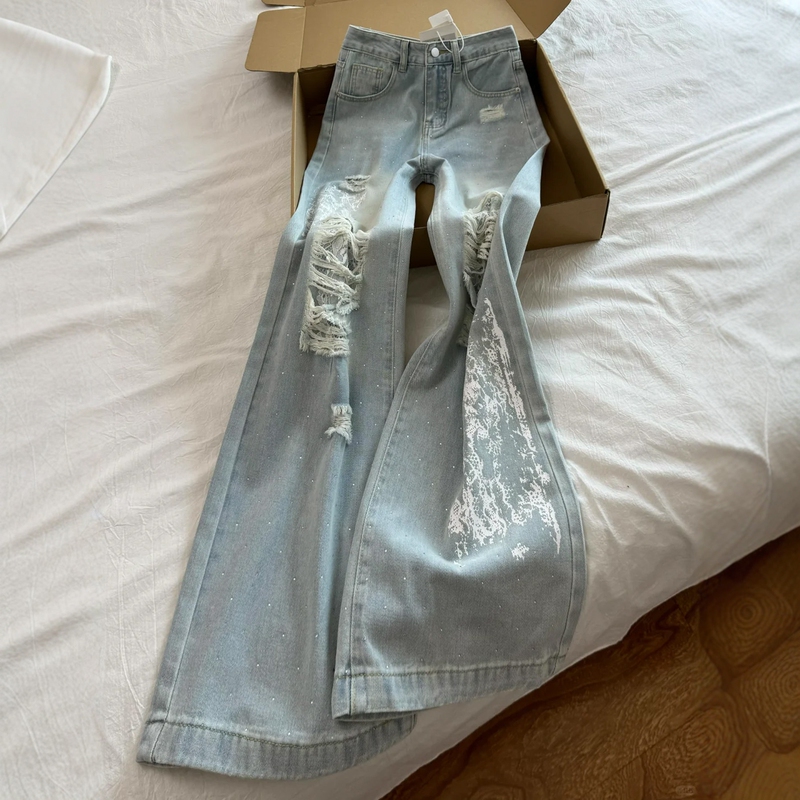Vintage Rhinestone Ripped Wide-Leg Jeans for Women, Summer Plus Size, High-Waisted, Loose, Slimming, Straight-Leg, Floor-Length Pants