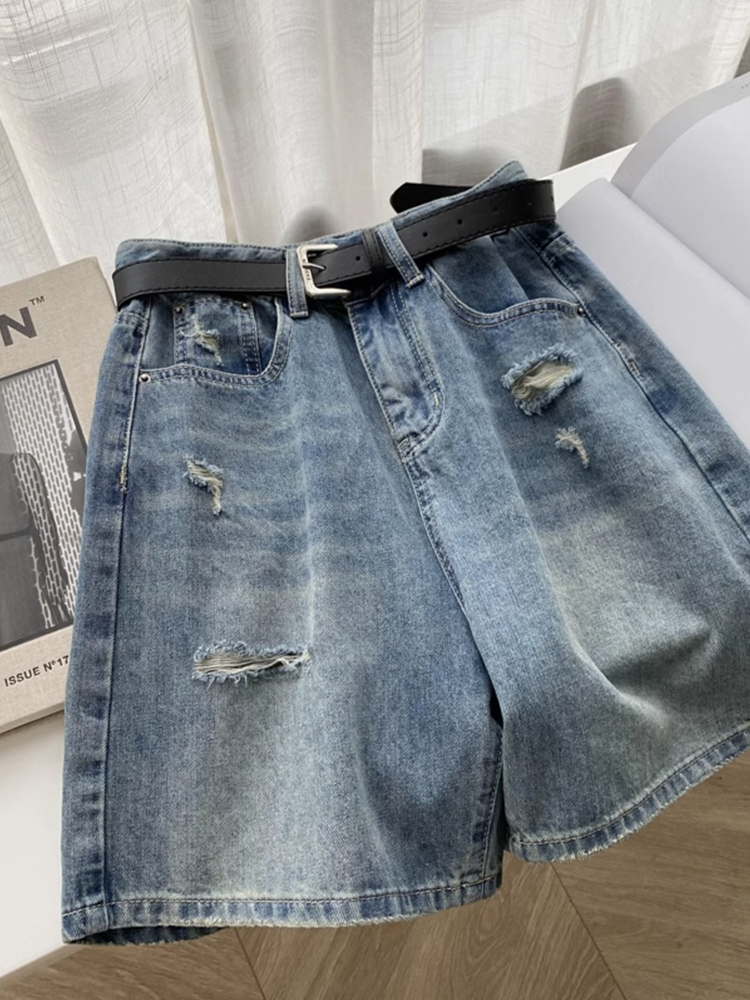 <!--梨形身材破洞牛仔短裤女夏大码胖mm小个子高腰宽松显瘦五分阔腿裤-->