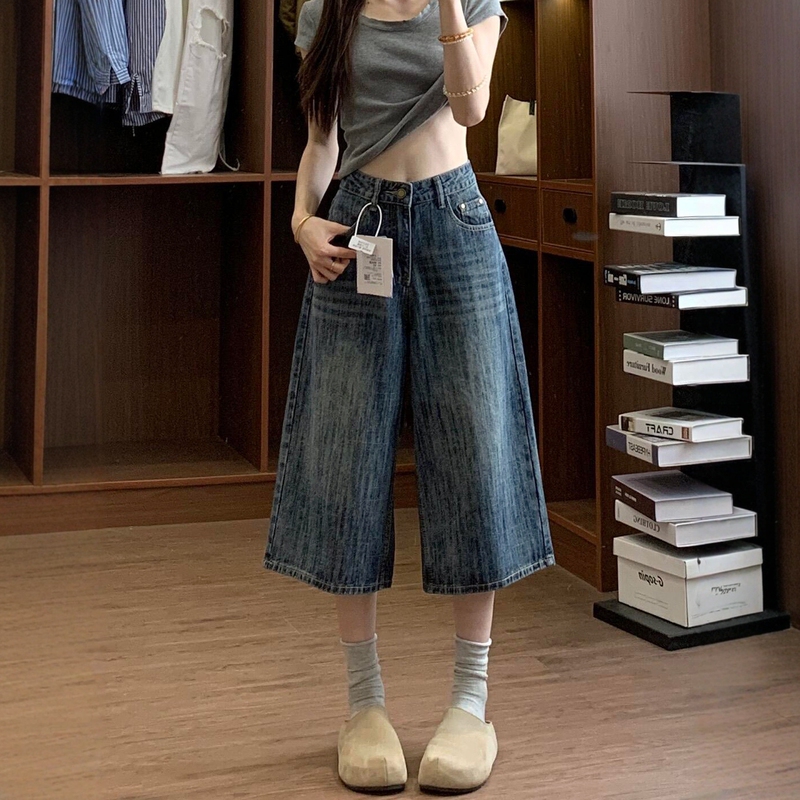 American Retro Style Cropped Jeans for Women, Summer New Style, Plus Size, High Waist, Loose, Slimming, Straight-Leg, Wide-Leg Mid-Length Pants