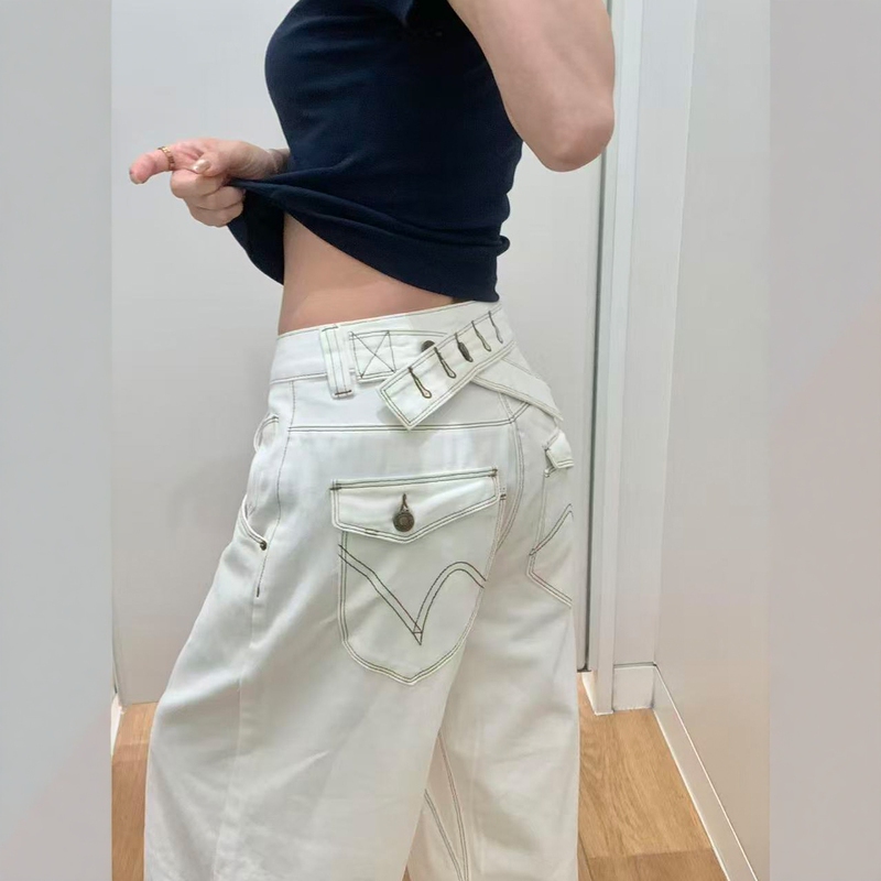 American-Style Paris Buckle Wide-Leg Cropped Pants for Women, Summer Plus Size, High-Waisted, Loose, Slimming, White Denim Mid-Length Pants